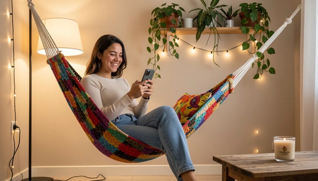 Mulher sorridente em apartamento aconchegante com plantas e luz quente, segurando celular