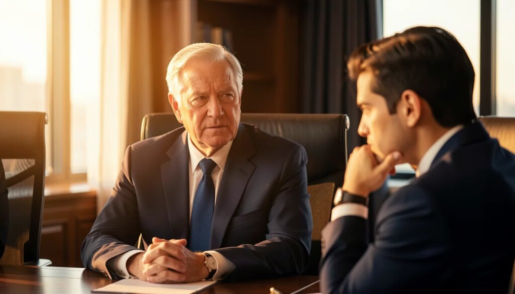 O Poderoso Chefão e a Liderança: Lições de Poder e Autoridade para os Dias de Hoje Líder experiente orienta jovem executivo em escritório elegante, simbolizando poder e liderança.
