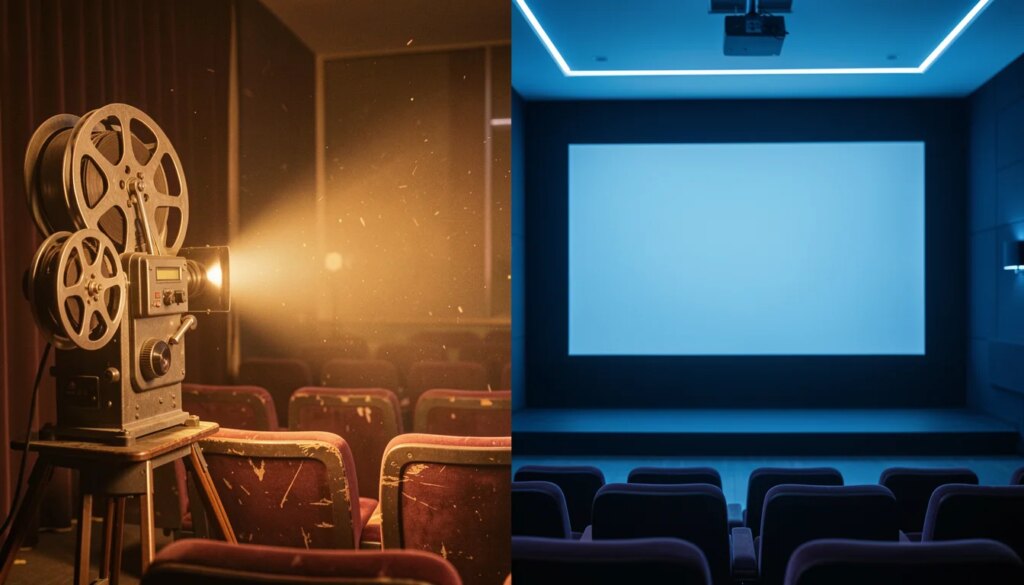 Por que O Exorcista continua o rei do terror: legado, técnica e o remake de 2026 Cinema vintage dos anos 1970 dividido por sala moderna com luz LED azul, em alto contraste