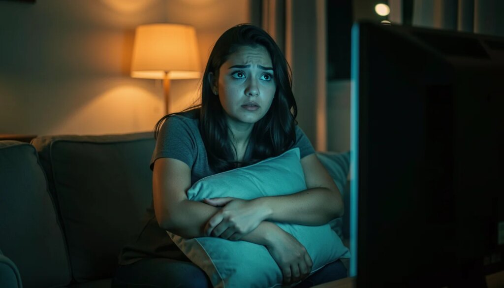 Mulher intrigada assistindo filme de terror psicológico à noite na sala