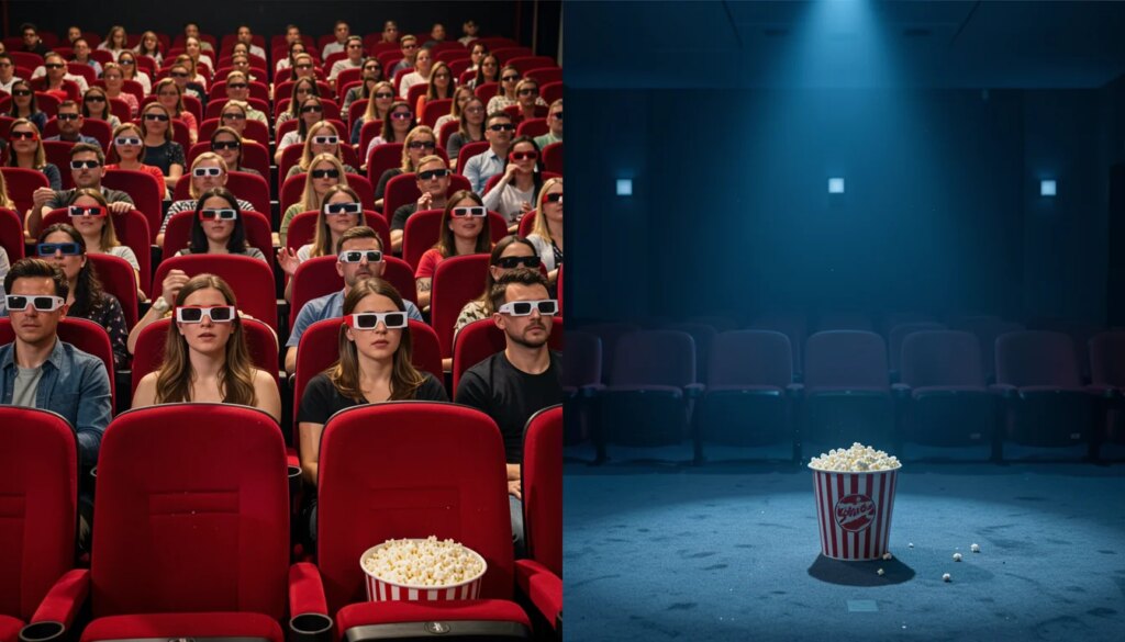 Cinema lotado e vibrante ao lado de sala vazia e fria, comparando estreias que valem ingresso.