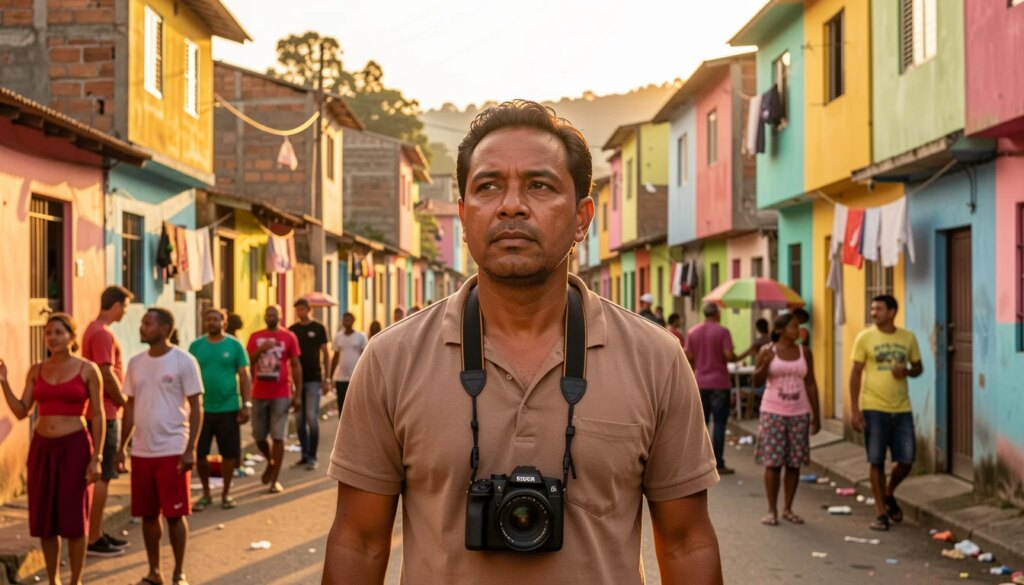 Buscapé adulto, fotojornalista, observa a comunidade da Cidade de Deus em cena vibrante e esperançosa.