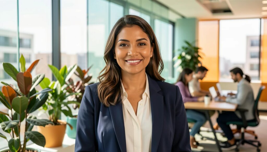 Executiva brasileira sorrindo em escritório moderno e iluminado, representando saúde mental no trabalho