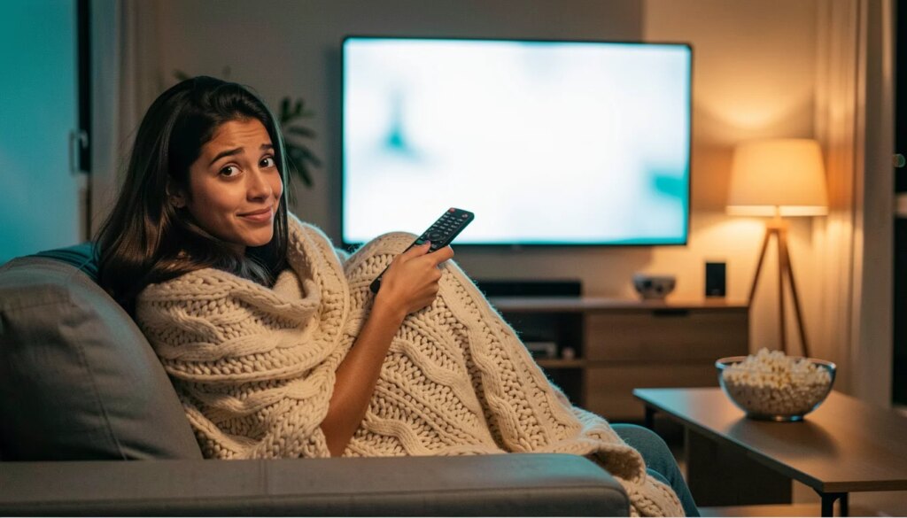 10 Séries Aclamadas pela Crítica que Prendem do Início ao Fim (e Onde Assistir Cada Uma) Mulher enrolada em manta no sofá assistindo série com suspense, luz quente de luminária e TV brilhando