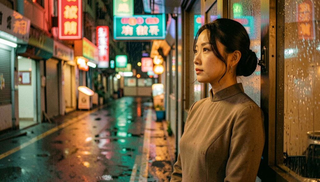 Cinema Asiático Romântico: 7 Obras-Primas que Você Precisa Conhecer Mulher elegante olhando pela janela em beco neon de Hong Kong à noite, clima romântico