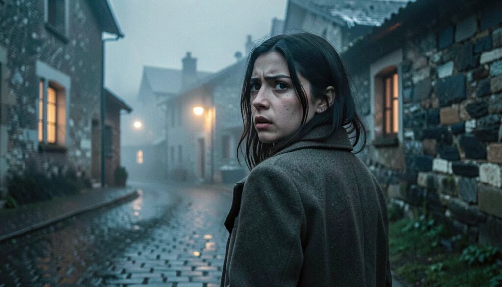 Mulher observa vila montanhosa enevoada ao anoitecer, clima de suspense