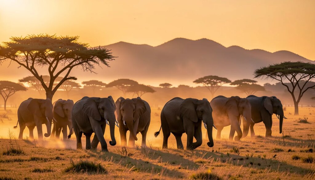 Elefantes atravessam a savana africana ao amanhecer em cena de documentário de vida selvagem