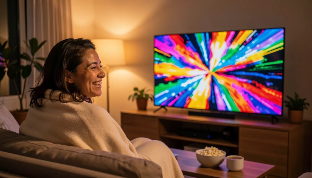 Mulher sorridente assistindo séries em streaming na sala de casa à noite