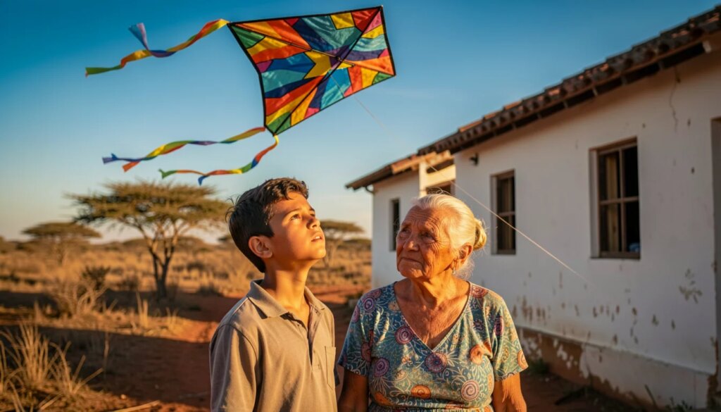 Menino cearense e avó no sertão sob luz dourada, com pipa colorida ao céu; cena emocional do filme Feito Pipa